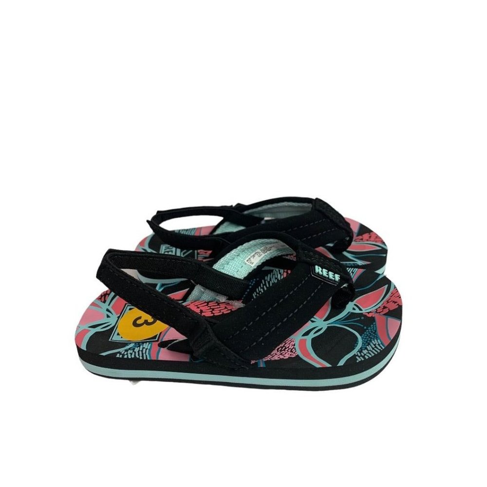 Size 3 (3/4) Kids Reef Little Ahi Sandals Flip Flops Back Strap Black Pink